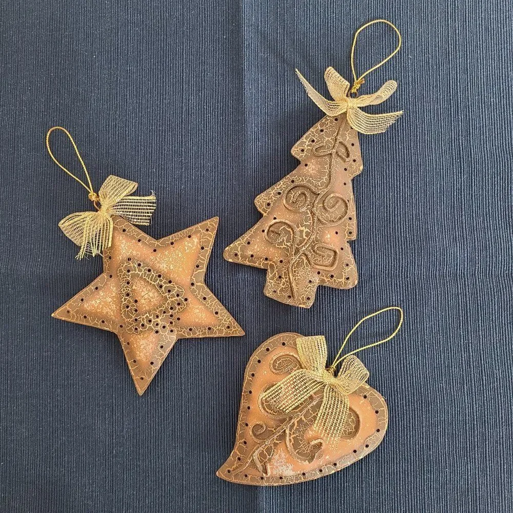 Vintage Textured Metal Holiday Christmas Tree Star Heart Ornaments Set Of Three